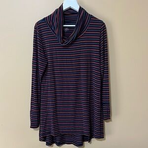 CUDDL DUDS striped cowl neck tunic. Long sleeve. Blues and  reds in stripes. XL